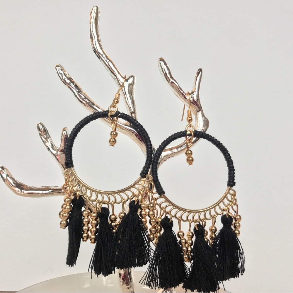 Black Tassel Hoop Earrings